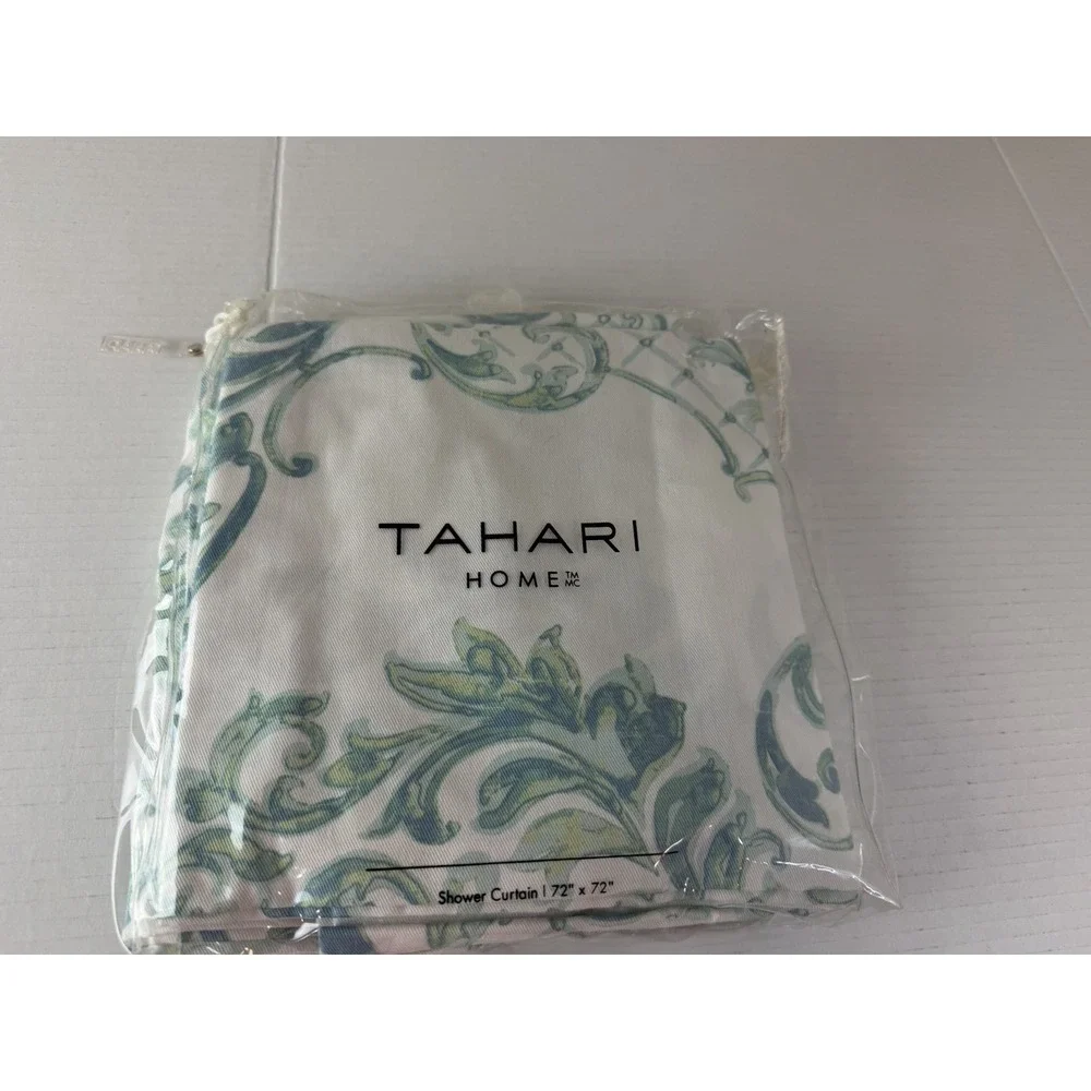 Tahari Home Green Blue Chinoiserie Damask Fabric Shower Curtain Paisley NWT
